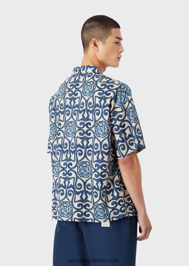 άνδρες Armani βιώσιμη συλλογή οργανικό-μουσελίνα κοντομάνικο πουκάμισο με στάμπα παντού 4046R61076 πρότυπο