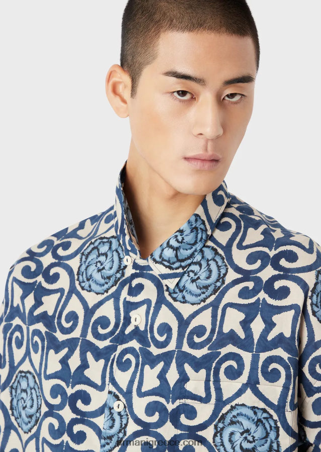 άνδρες Armani βιώσιμη συλλογή οργανικό-μουσελίνα κοντομάνικο πουκάμισο με στάμπα παντού 4046R61076 πρότυπο