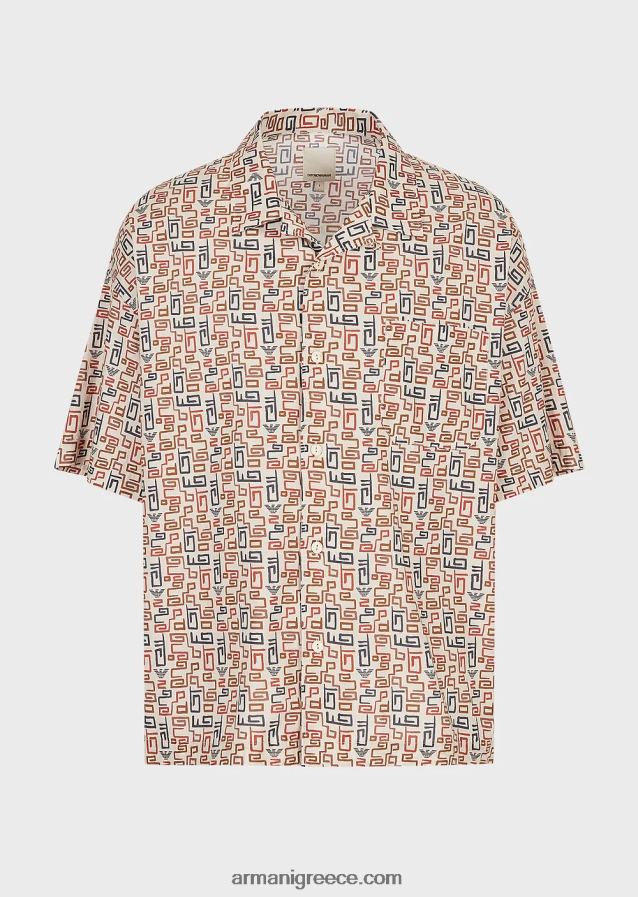άνδρες Armani βιώσιμη συλλογή οργανικό-μουσελίνα κοντομάνικο πουκάμισο με στάμπα παντού 4046R61077 μπεζ