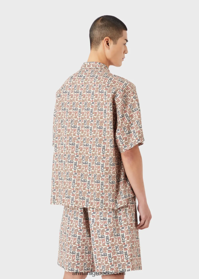 άνδρες Armani βιώσιμη συλλογή οργανικό-μουσελίνα κοντομάνικο πουκάμισο με στάμπα παντού 4046R61077 μπεζ
