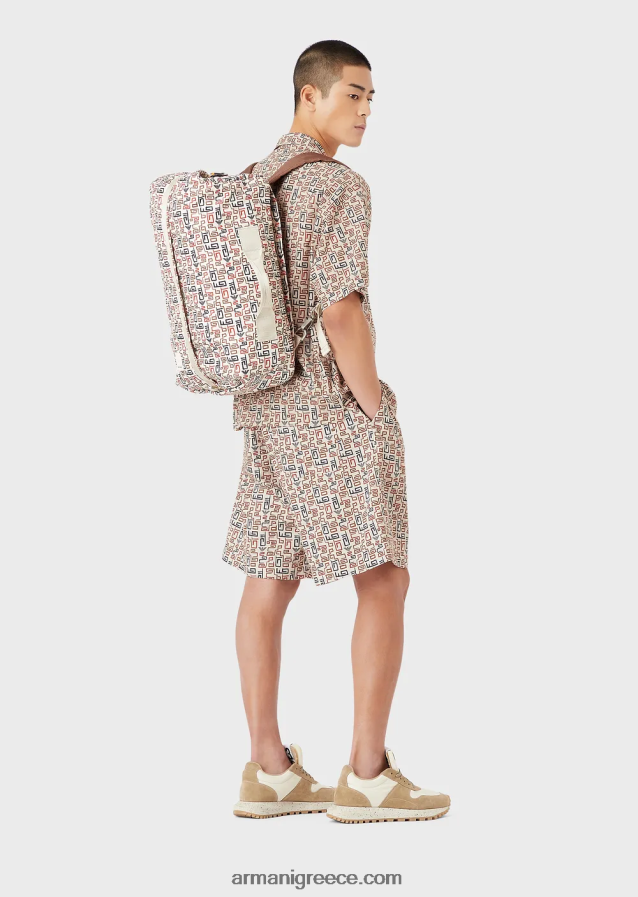 άνδρες Armani βιώσιμη συλλογή οργανικό-μουσελίνα κοντομάνικο πουκάμισο με στάμπα παντού 4046R61077 μπεζ