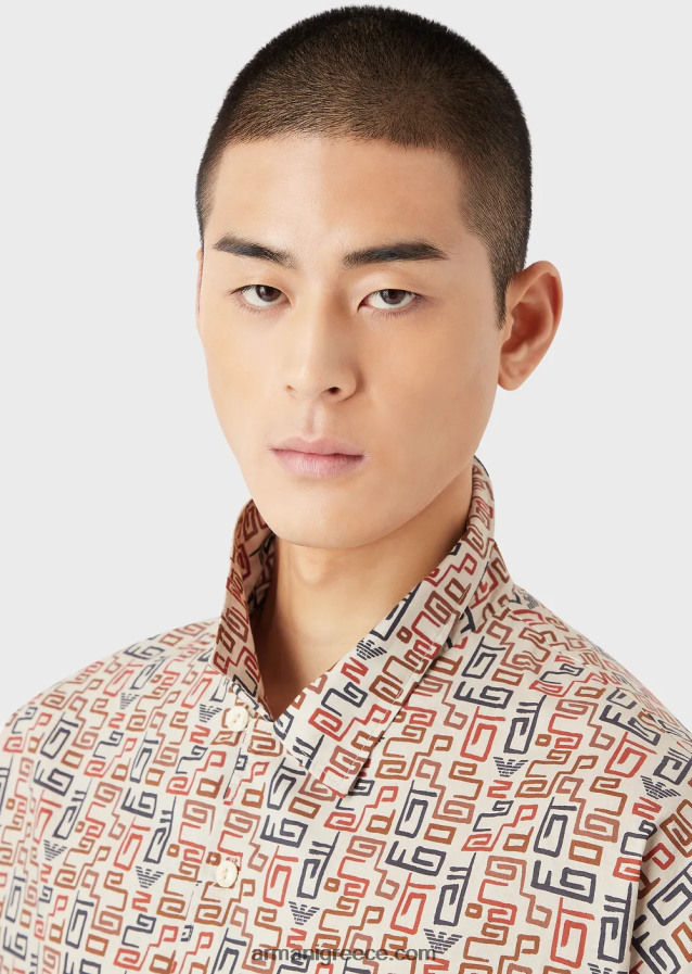 άνδρες Armani βιώσιμη συλλογή οργανικό-μουσελίνα κοντομάνικο πουκάμισο με στάμπα παντού 4046R61077 μπεζ