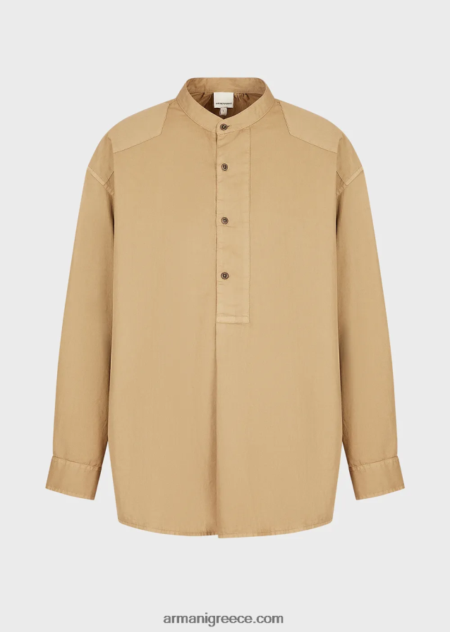 άνδρες Armani Πουκάμισο από οργανική μουσελίνα, βαμμένο με ένδυμα βιώσιμης συλλογής με γιακά γκουρού 4046R61078 καφέ