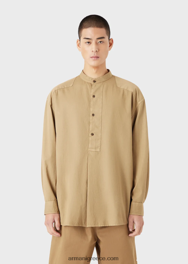 άνδρες Armani Πουκάμισο από οργανική μουσελίνα, βαμμένο με ένδυμα βιώσιμης συλλογής με γιακά γκουρού 4046R61078 καφέ