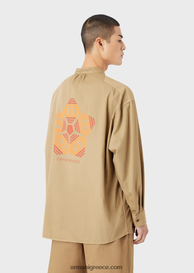 άνδρες Armani Πουκάμισο από οργανική μουσελίνα, βαμμένο με ένδυμα βιώσιμης συλλογής με γιακά γκουρού 4046R61078 καφέ