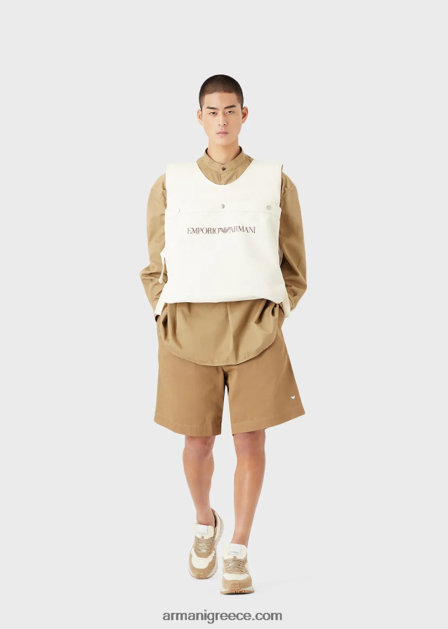 άνδρες Armani Πουκάμισο από οργανική μουσελίνα, βαμμένο με ένδυμα βιώσιμης συλλογής με γιακά γκουρού 4046R61078 καφέ