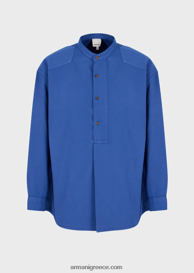 άνδρες Armani Πουκάμισο από οργανική μουσελίνα, βαμμένο με ένδυμα βιώσιμης συλλογής με γιακά γκουρού 4046R61079 μπλε