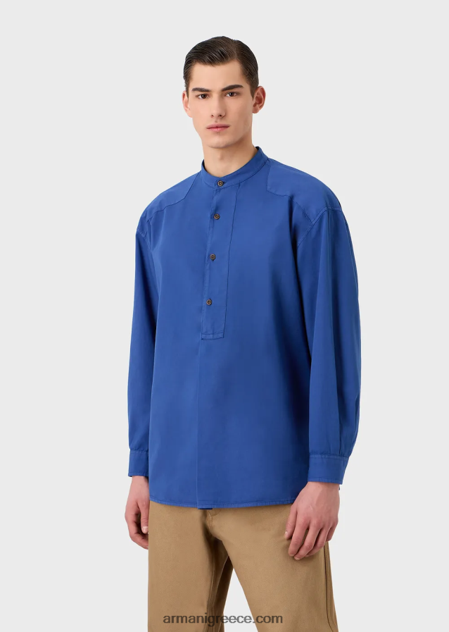 άνδρες Armani Πουκάμισο από οργανική μουσελίνα, βαμμένο με ένδυμα βιώσιμης συλλογής με γιακά γκουρού 4046R61079 μπλε
