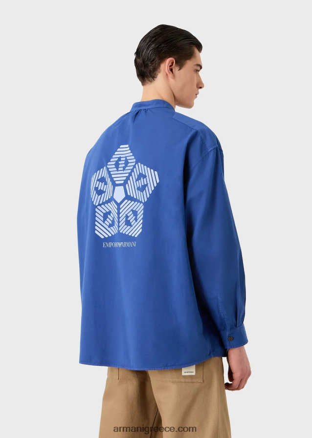 άνδρες Armani Πουκάμισο από οργανική μουσελίνα, βαμμένο με ένδυμα βιώσιμης συλλογής με γιακά γκουρού 4046R61079 μπλε