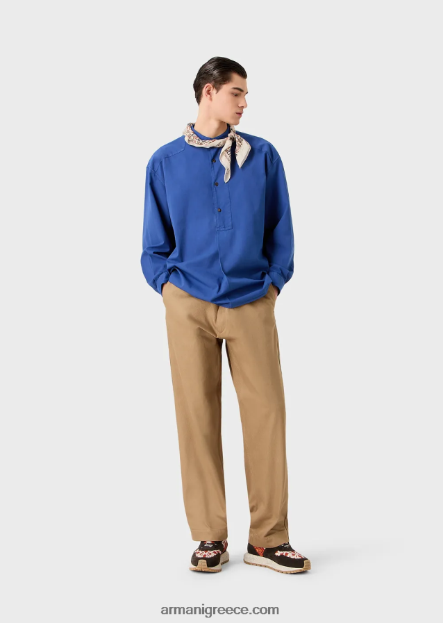 άνδρες Armani Πουκάμισο από οργανική μουσελίνα, βαμμένο με ένδυμα βιώσιμης συλλογής με γιακά γκουρού 4046R61079 μπλε