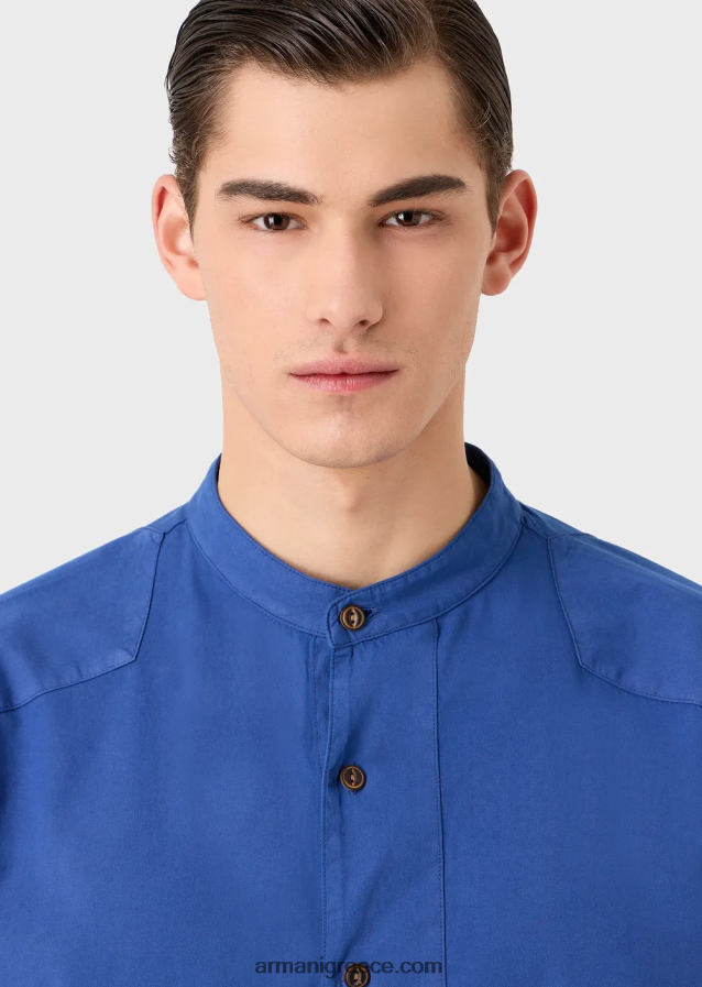 άνδρες Armani Πουκάμισο από οργανική μουσελίνα, βαμμένο με ένδυμα βιώσιμης συλλογής με γιακά γκουρού 4046R61079 μπλε