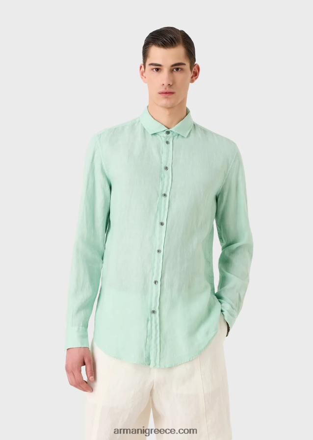 άνδρες Armani Πουκάμισο από λινό βαμμένο με γαλλικό γιακά 4046R61080 νερό