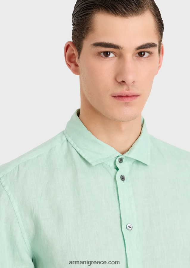 άνδρες Armani Πουκάμισο από λινό βαμμένο με γαλλικό γιακά 4046R61080 νερό