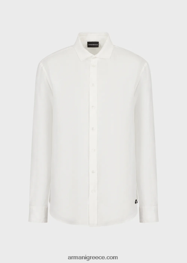 άνδρες Armani Πουκάμισο από λινό βαμμένο με γαλλικό γιακά 4046R61081 άσπρο