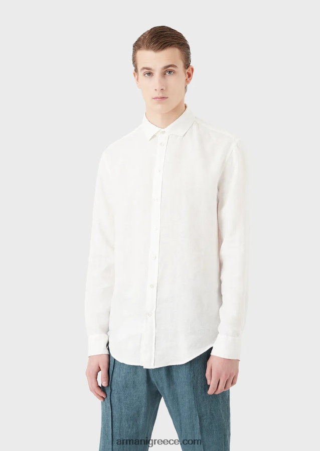 άνδρες Armani Πουκάμισο από λινό βαμμένο με γαλλικό γιακά 4046R61081 άσπρο