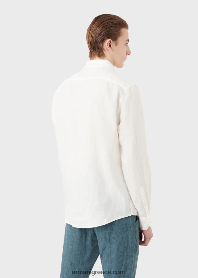 άνδρες Armani Πουκάμισο από λινό βαμμένο με γαλλικό γιακά 4046R61081 άσπρο