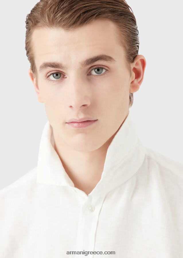 άνδρες Armani Πουκάμισο από λινό βαμμένο με γαλλικό γιακά 4046R61081 άσπρο