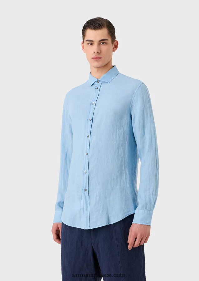άνδρες Armani Πουκάμισο από λινό βαμμένο με γαλλικό γιακά 4046R61082 γαλανός