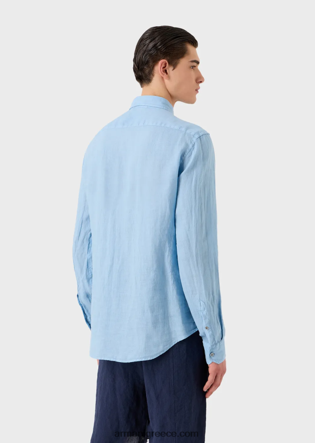 άνδρες Armani Πουκάμισο από λινό βαμμένο με γαλλικό γιακά 4046R61082 γαλανός