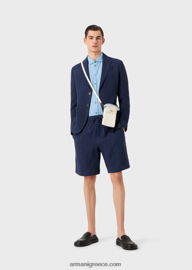 άνδρες Armani Πουκάμισο από λινό βαμμένο με γαλλικό γιακά 4046R61082 γαλανός