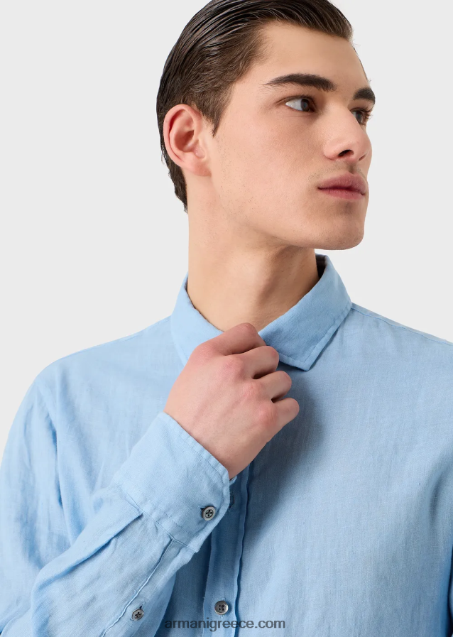 άνδρες Armani Πουκάμισο από λινό βαμμένο με γαλλικό γιακά 4046R61082 γαλανός