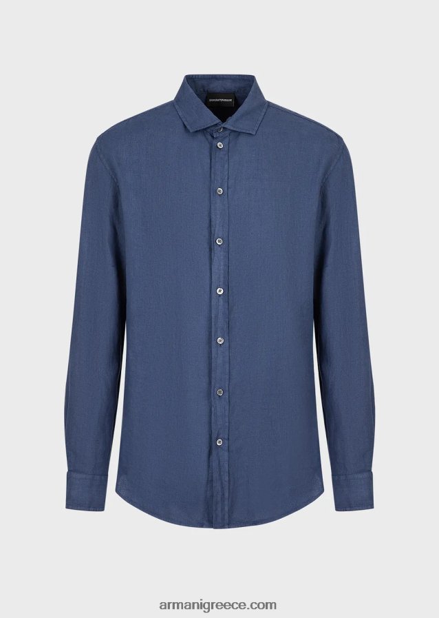άνδρες Armani Πουκάμισο από λινό βαμμένο με γαλλικό γιακά 4046R61083 μπλε