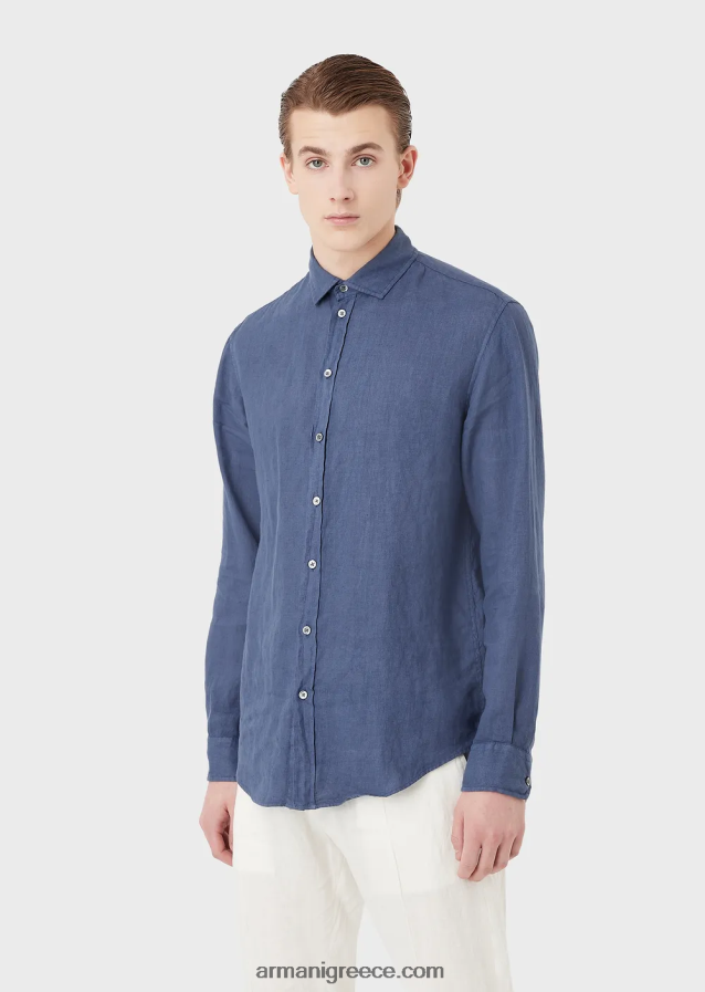 άνδρες Armani Πουκάμισο από λινό βαμμένο με γαλλικό γιακά 4046R61083 μπλε