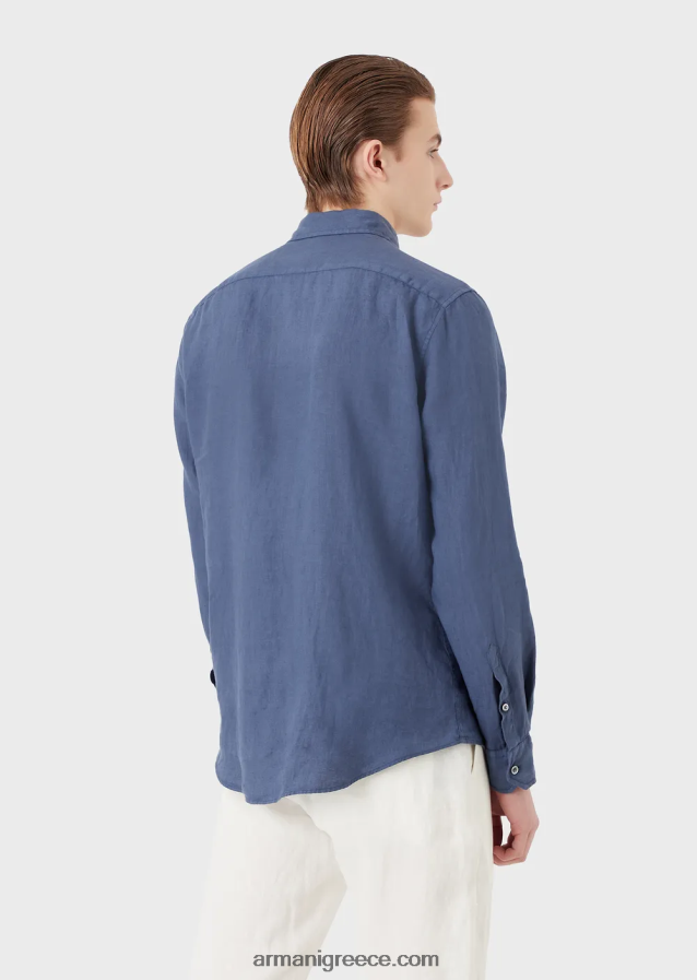 άνδρες Armani Πουκάμισο από λινό βαμμένο με γαλλικό γιακά 4046R61083 μπλε