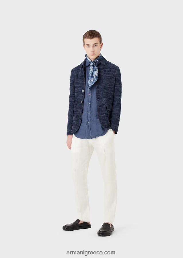 άνδρες Armani Πουκάμισο από λινό βαμμένο με γαλλικό γιακά 4046R61083 μπλε