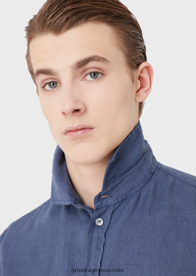 άνδρες Armani Πουκάμισο από λινό βαμμένο με γαλλικό γιακά 4046R61083 μπλε