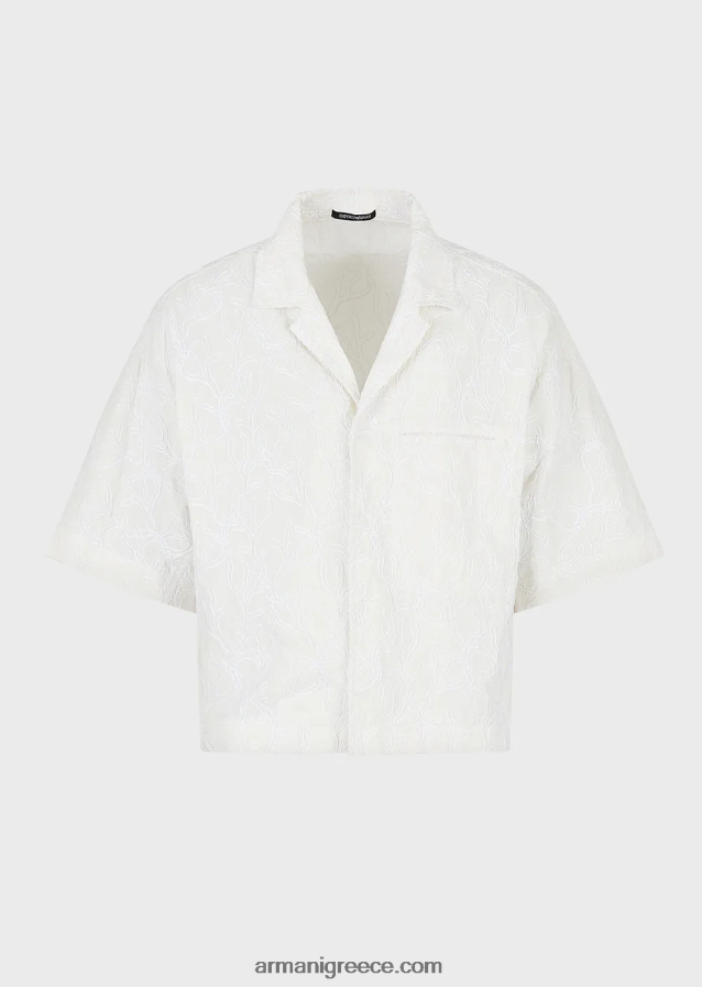 άνδρες Armani κοντομάνικο μπλουζόνι από νάιλον ριπ στοπ κεντημένο με ράφι 4046R61084 άσπρο