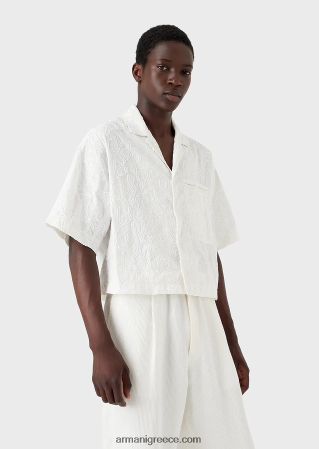 άνδρες Armani κοντομάνικο μπλουζόνι από νάιλον ριπ στοπ κεντημένο με ράφι 4046R61084 άσπρο