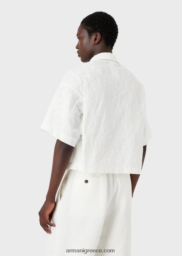 άνδρες Armani κοντομάνικο μπλουζόνι από νάιλον ριπ στοπ κεντημένο με ράφι 4046R61084 άσπρο