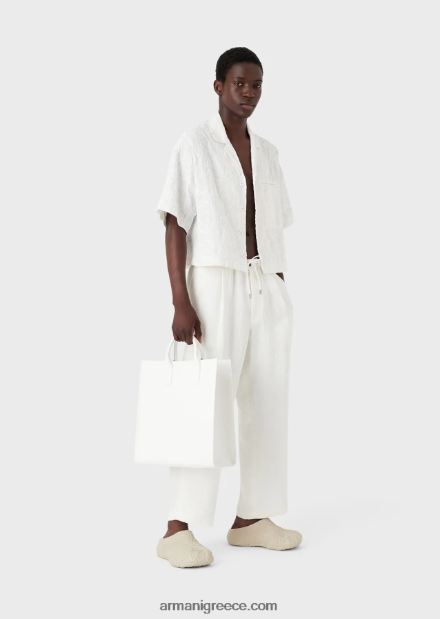 άνδρες Armani κοντομάνικο μπλουζόνι από νάιλον ριπ στοπ κεντημένο με ράφι 4046R61084 άσπρο