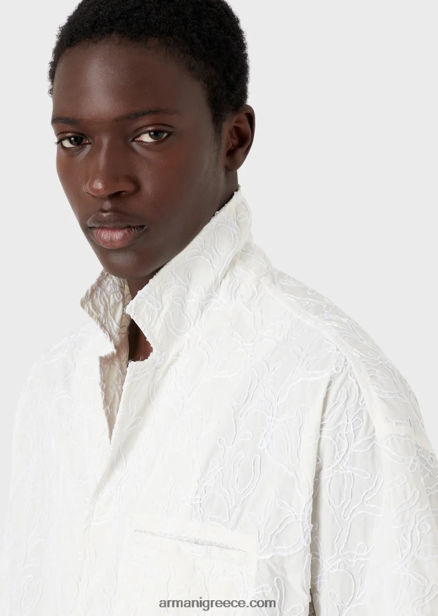 άνδρες Armani κοντομάνικο μπλουζόνι από νάιλον ριπ στοπ κεντημένο με ράφι 4046R61084 άσπρο