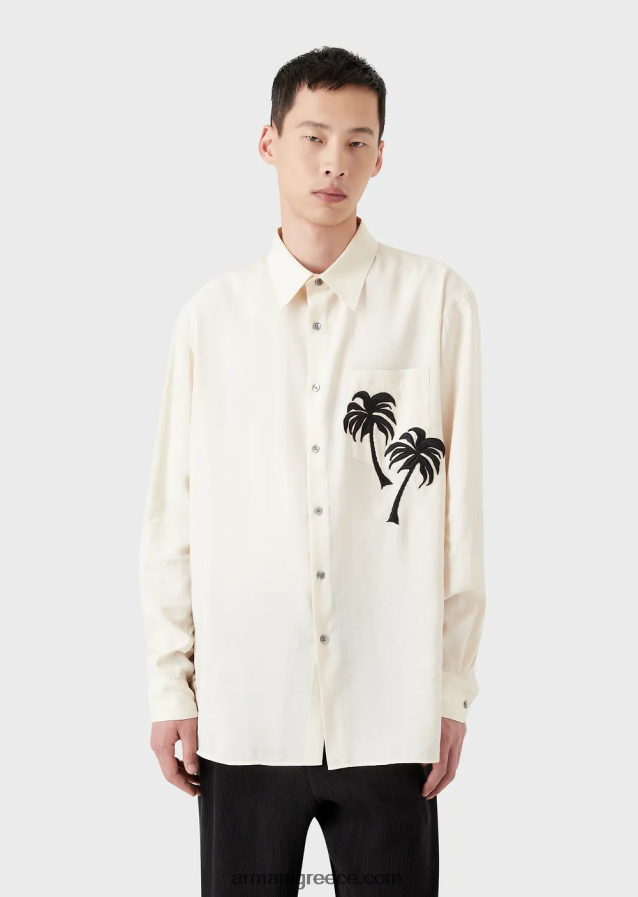 άνδρες Armani Μοντάλ πουκάμισο με απαλό φινίρισμα με μπάλωμα φοίνικα 4046R61088 άσπρο