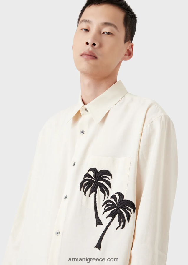 άνδρες Armani Μοντάλ πουκάμισο με απαλό φινίρισμα με μπάλωμα φοίνικα 4046R61088 άσπρο
