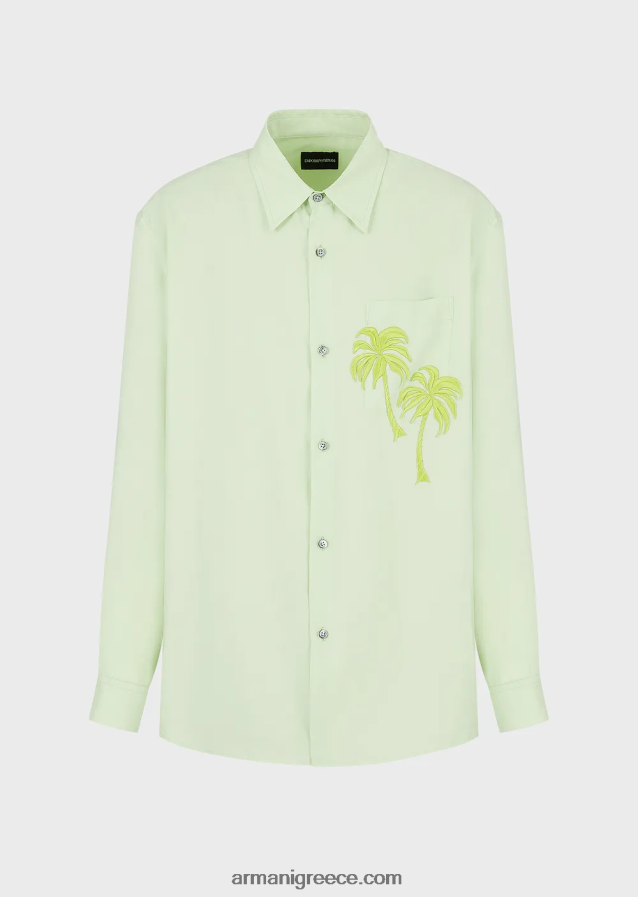άνδρες Armani Μοντάλ πουκάμισο με απαλό φινίρισμα με μπάλωμα φοίνικα 4046R61089 ανοιχτό πράσινο