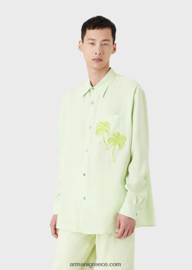 άνδρες Armani Μοντάλ πουκάμισο με απαλό φινίρισμα με μπάλωμα φοίνικα 4046R61089 ανοιχτό πράσινο