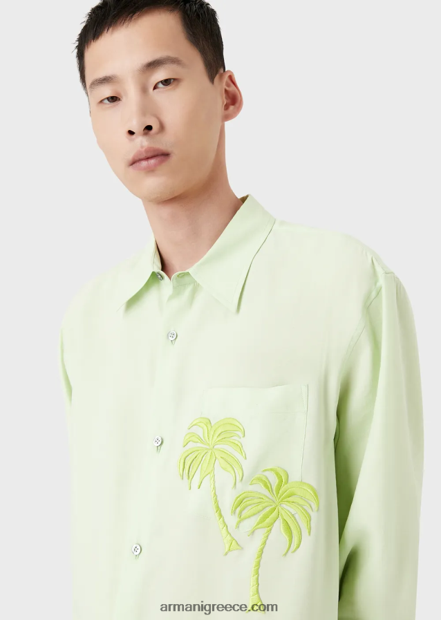 άνδρες Armani Μοντάλ πουκάμισο με απαλό φινίρισμα με μπάλωμα φοίνικα 4046R61089 ανοιχτό πράσινο