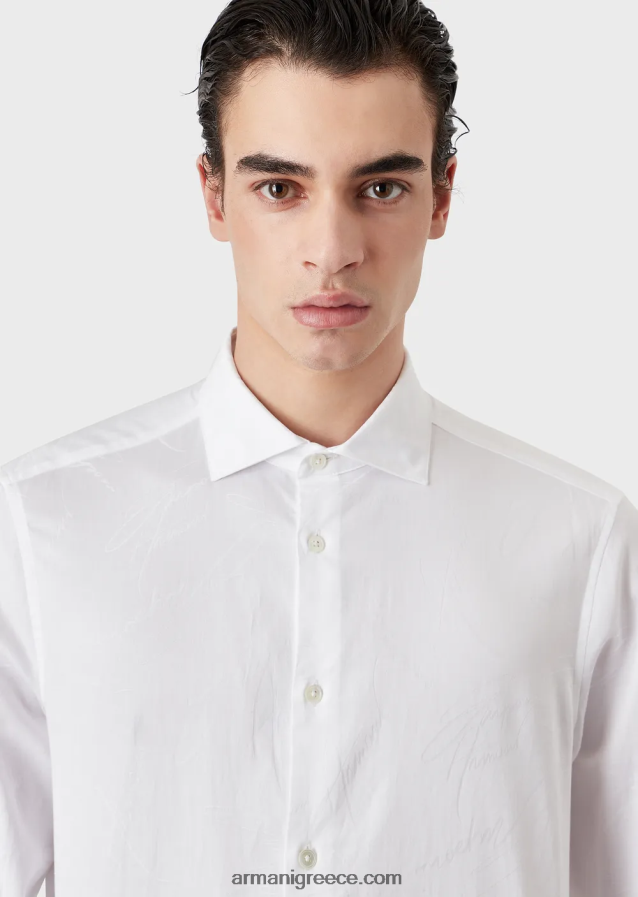 άνδρες Armani βαμβακερό πουκάμισο με λογότυπο ζακάρ παντού 4046R61096 άσπρο