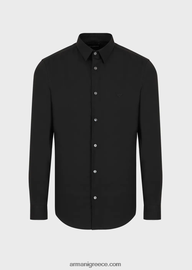 άνδρες Armani ελαστικό πουκάμισο από νάιλον μείγμα με κεντημένο αετό 4046R61100 μαύρος