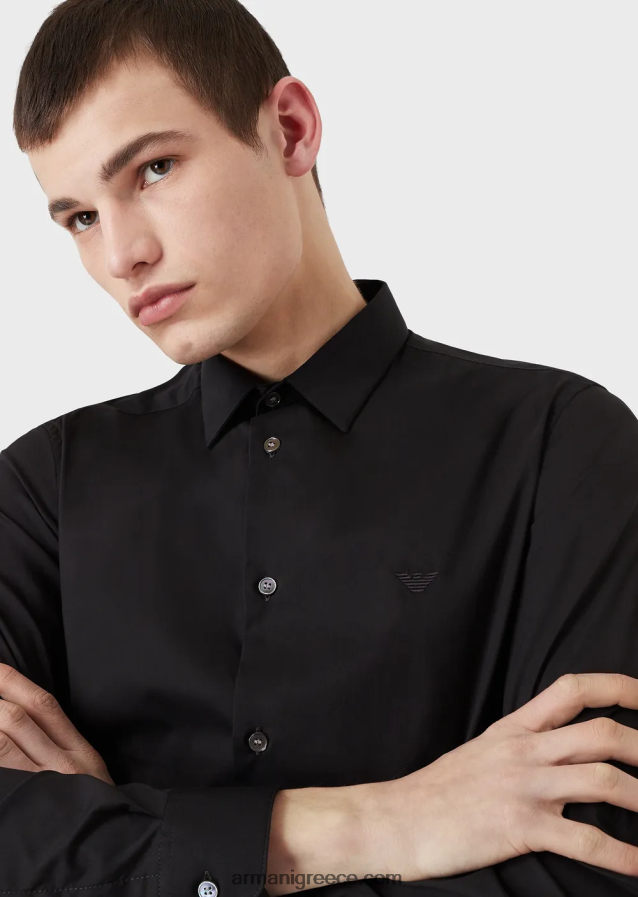 άνδρες Armani ελαστικό πουκάμισο από νάιλον μείγμα με κεντημένο αετό 4046R61100 μαύρος