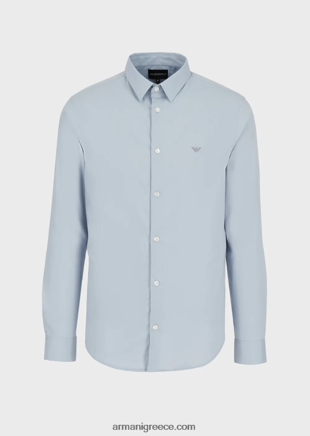 άνδρες Armani ελαστικό πουκάμισο από νάιλον μείγμα με κεντημένο αετό 4046R61101 γαλανός