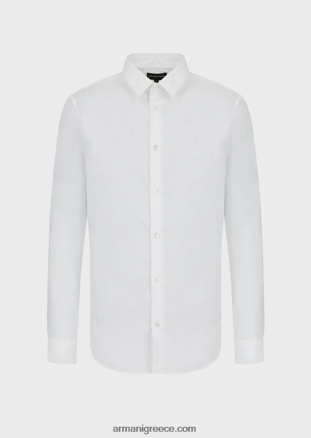 άνδρες Armani ελαστικό πουκάμισο από νάιλον μείγμα με κεντημένο αετό 4046R61102 άσπρο