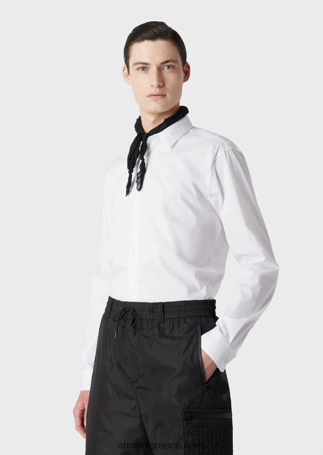 άνδρες Armani ελαστικό πουκάμισο από νάιλον μείγμα με κεντημένο αετό 4046R61102 άσπρο