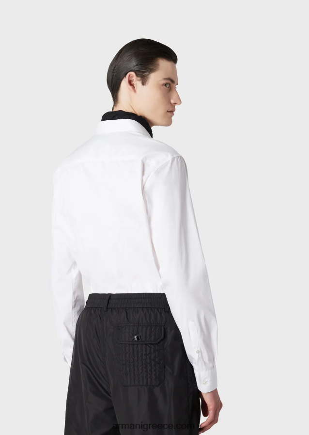 άνδρες Armani ελαστικό πουκάμισο από νάιλον μείγμα με κεντημένο αετό 4046R61102 άσπρο