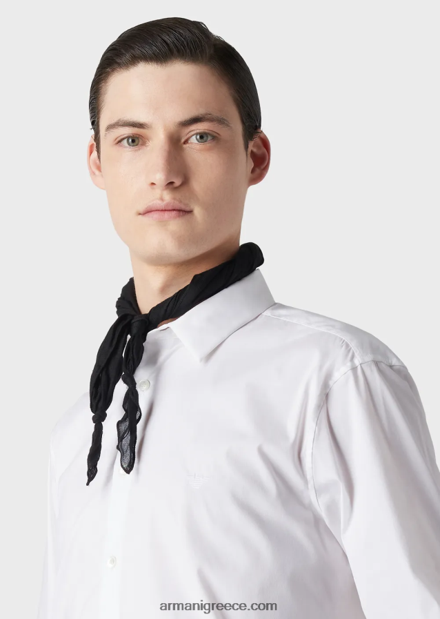 άνδρες Armani ελαστικό πουκάμισο από νάιλον μείγμα με κεντημένο αετό 4046R61102 άσπρο