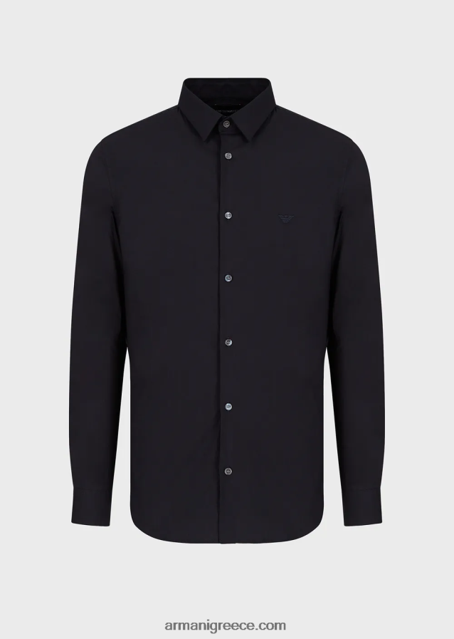άνδρες Armani ελαστικό πουκάμισο από νάιλον μείγμα με κεντημένο αετό 4046R61103 μεσάνυχτα μπλε