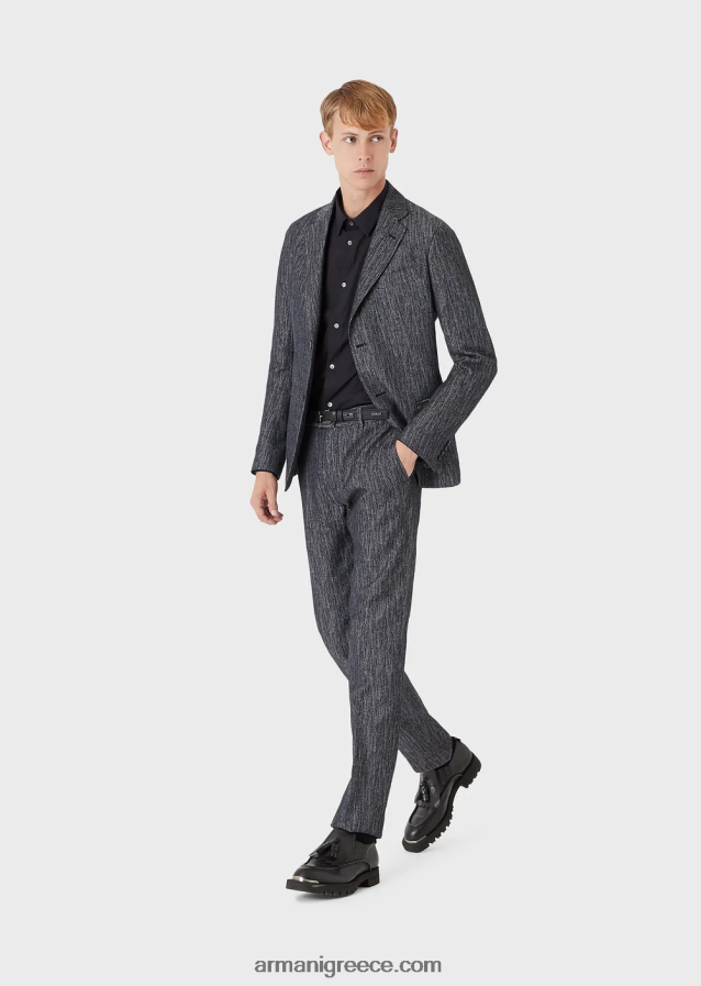 άνδρες Armani ελαστικό πουκάμισο από νάιλον μείγμα με κεντημένο αετό 4046R61103 μεσάνυχτα μπλε